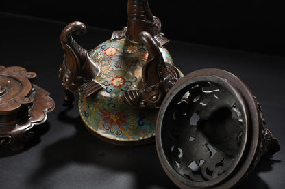 16"Tibet Temple Collection Old Bronze Cloisonne Enamel Peace Elephant Statue Elephant trunk three legged incense burner Base