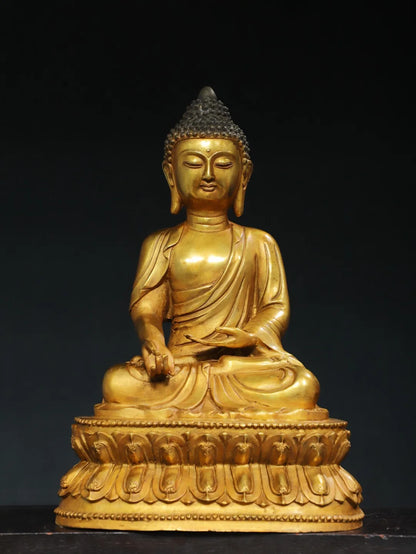 16"Tibet Temple Collection Old Bronze Gilded Cinnabar Amitabha Shakyamuni Sitting Buddha Double Lotus Terrace Worship Hall