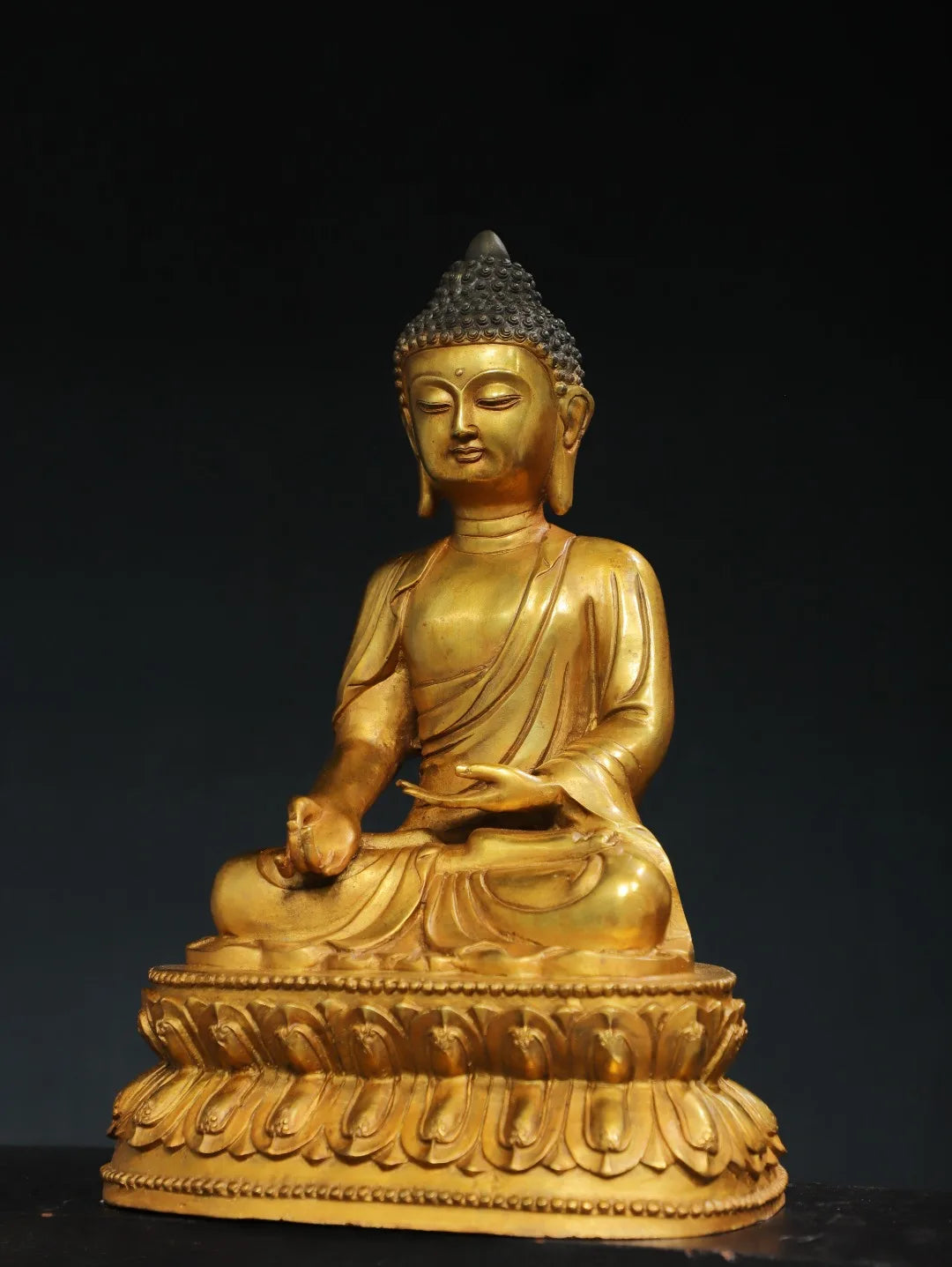 16"Tibet Temple Collection Old Bronze Gilded Cinnabar Amitabha Shakyamuni Sitting Buddha Double Lotus Terrace Worship Hall