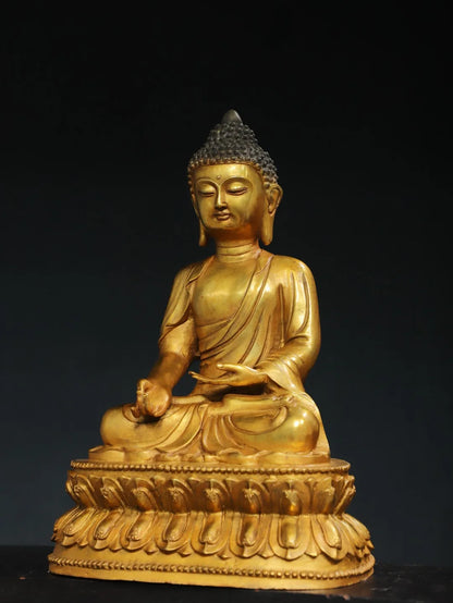 16"Tibet Temple Collection Old Bronze Gilded Cinnabar Amitabha Shakyamuni Sitting Buddha Double Lotus Terrace Worship Hall