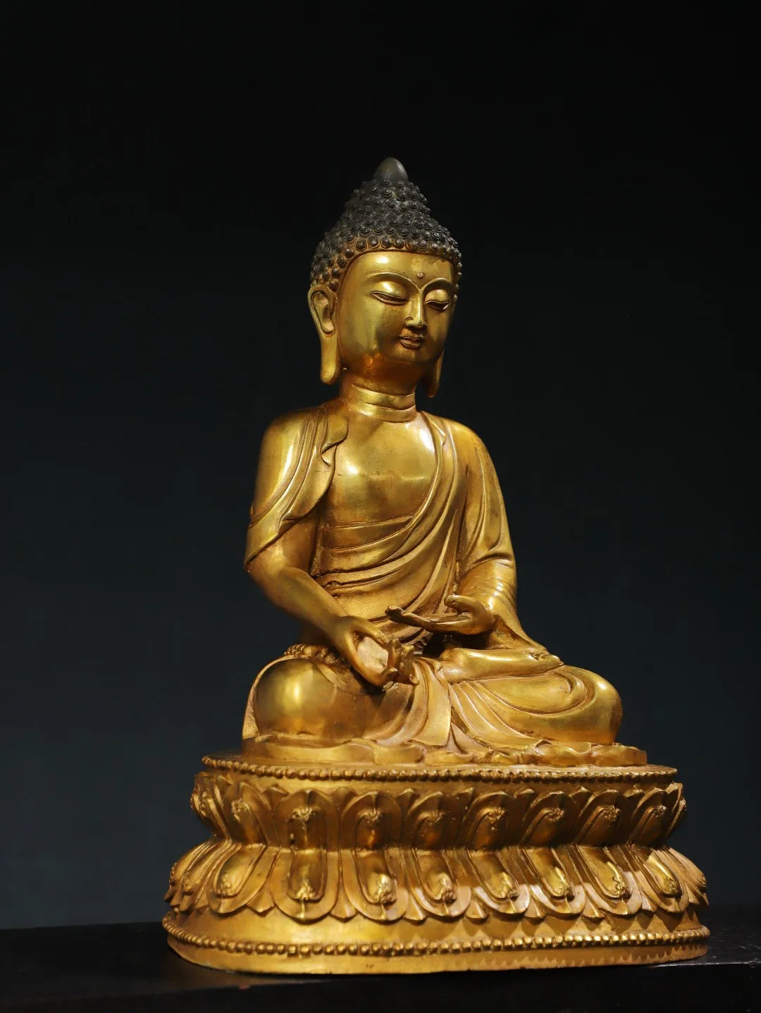 16"Tibet Temple Collection Old Bronze Gilded Cinnabar Amitabha Shakyamuni Sitting Buddha Double Lotus Terrace Worship Hall