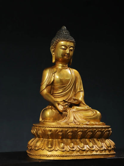 16"Tibet Temple Collection Old Bronze Gilded Cinnabar Amitabha Shakyamuni Sitting Buddha Double Lotus Terrace Worship Hall