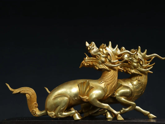16"Tibet Temple Collection Old Bronze Gilded Cinnabar Kirin Statue Dragon Head Divine Beast Amass wealth Ornaments Town house