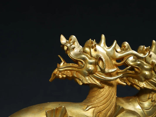 16"Tibet Temple Collection Old Bronze Gilded Cinnabar Kirin Statue Dragon Head Divine Beast Amass wealth Ornaments Town house