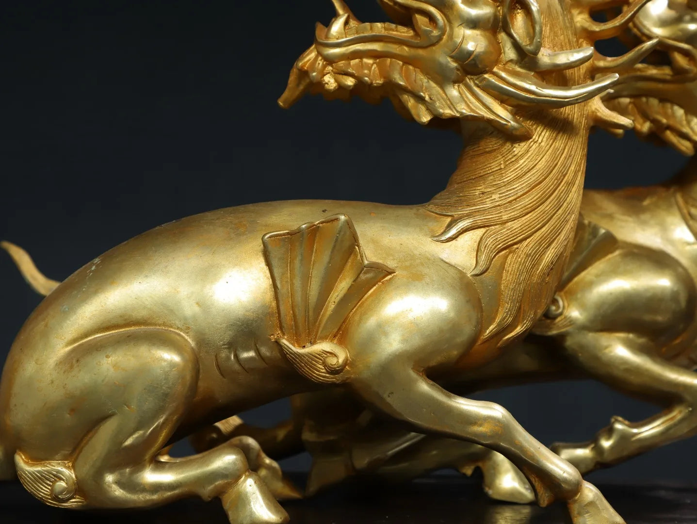 16"Tibet Temple Collection Old Bronze Gilded Cinnabar Kirin Statue Dragon Head Divine Beast Amass wealth Ornaments Town house