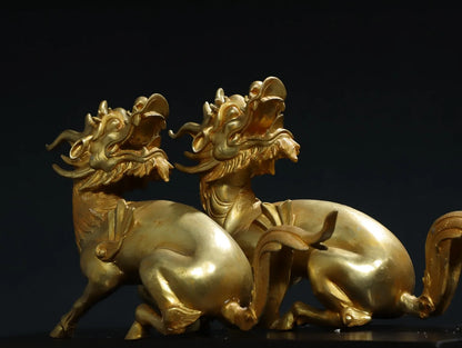 16"Tibet Temple Collection Old Bronze Gilded Cinnabar Kirin Statue Dragon Head Divine Beast Amass wealth Ornaments Town house