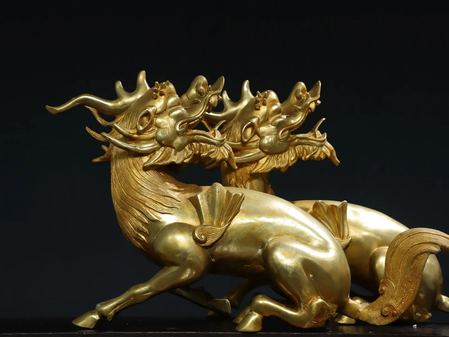 16"Tibet Temple Collection Old Bronze Gilded Cinnabar Kirin Statue Dragon Head Divine Beast Amass wealth Ornaments Town house