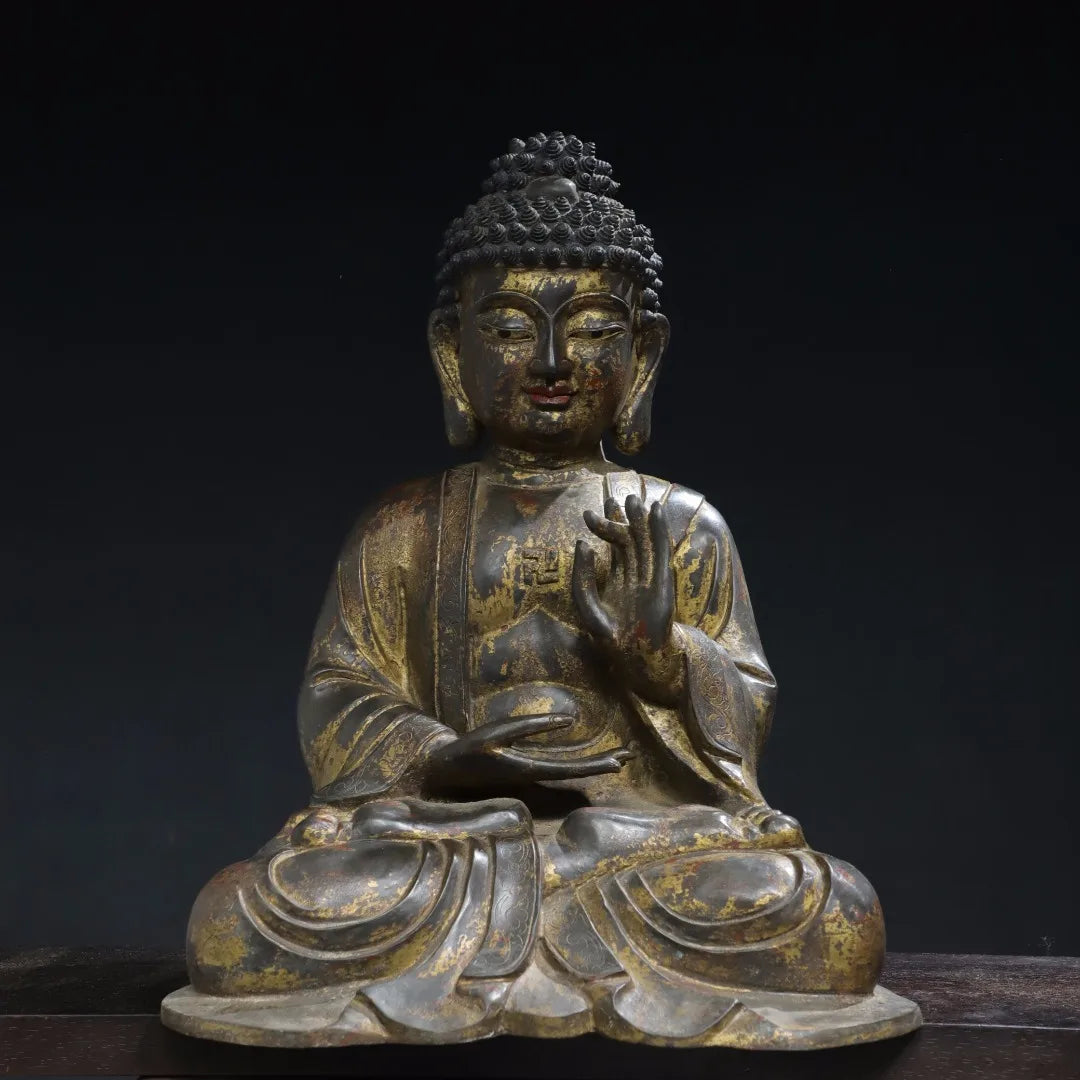 16"Tibet Temple Collection Old Bronze Gilded Cinnabar Mud gold Shakyamuni Amitabha Sitting Buddha Worship Hall Town house