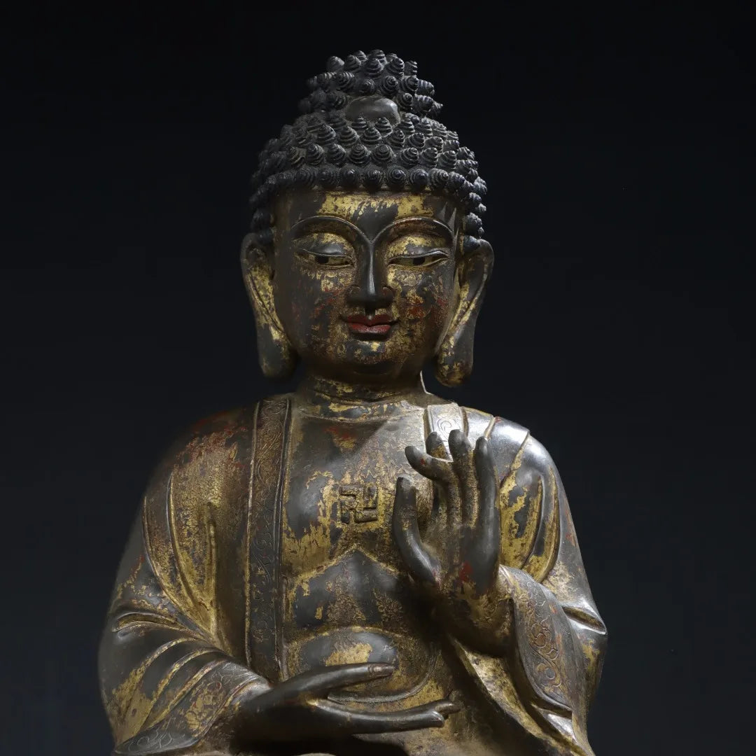 16"Tibet Temple Collection Old Bronze Gilded Cinnabar Mud gold Shakyamuni Amitabha Sitting Buddha Worship Hall Town house