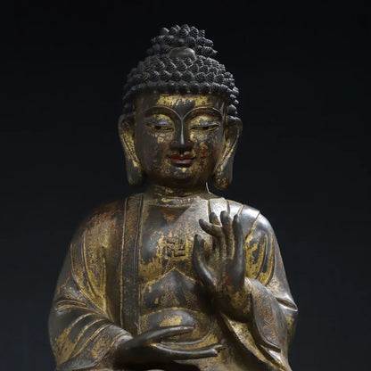 16"Tibet Temple Collection Old Bronze Gilded Cinnabar Mud gold Shakyamuni Amitabha Sitting Buddha Worship Hall Town house
