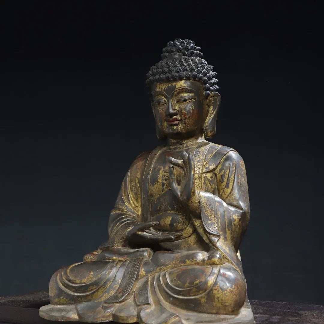 16"Tibet Temple Collection Old Bronze Gilded Cinnabar Mud gold Shakyamuni Amitabha Sitting Buddha Worship Hall Town house