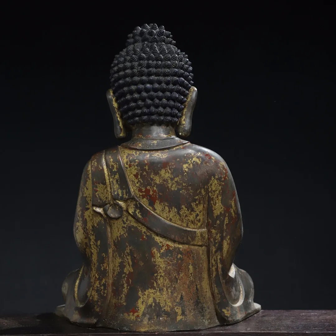 16"Tibet Temple Collection Old Bronze Gilded Cinnabar Mud gold Shakyamuni Amitabha Sitting Buddha Worship Hall Town house