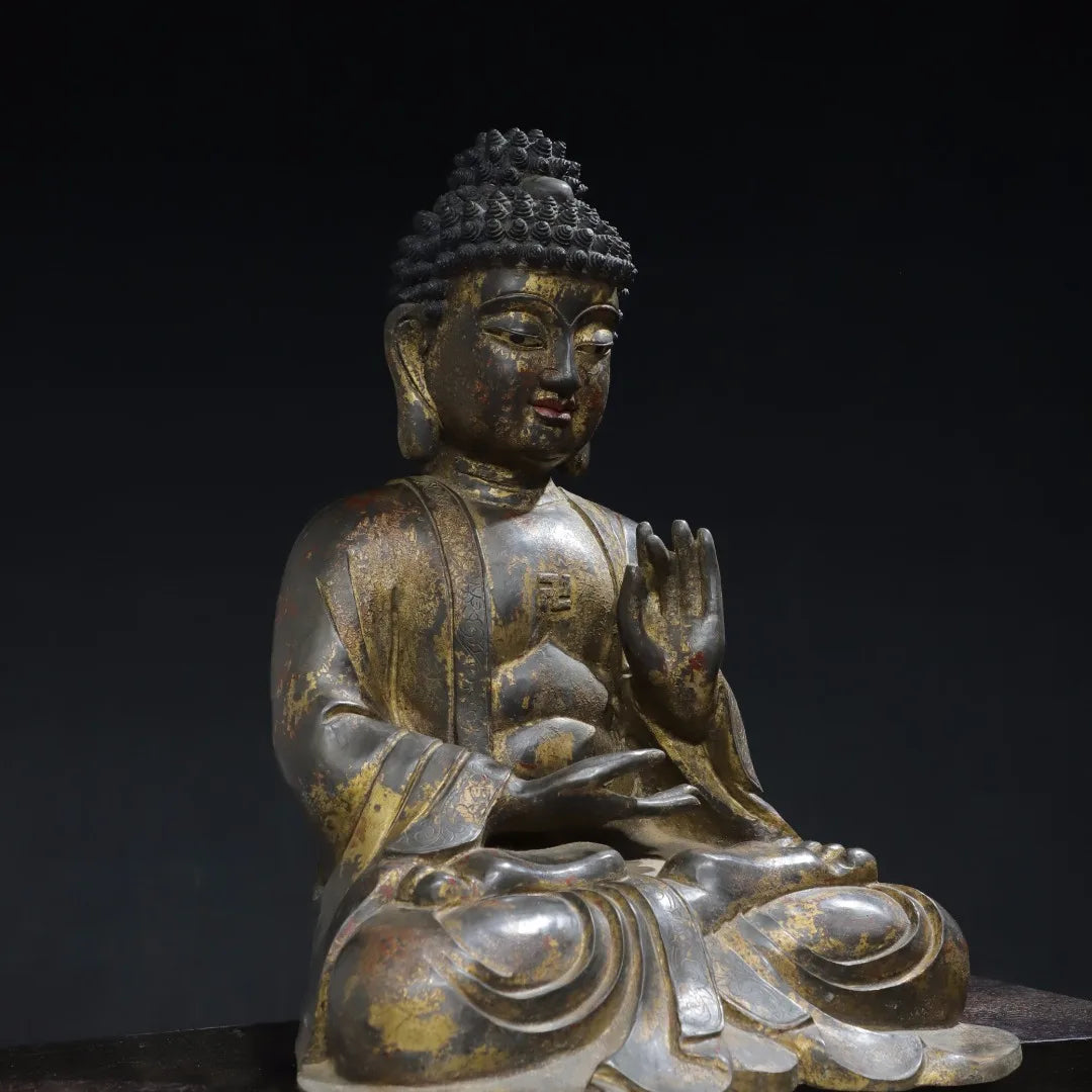 16"Tibet Temple Collection Old Bronze Gilded Cinnabar Mud gold Shakyamuni Amitabha Sitting Buddha Worship Hall Town house