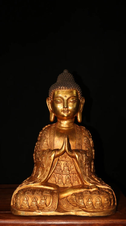 16"Tibet Temple Collection Old Bronze  Gilding Amitabha Shakyamuni Sitting Buddha Worship Hall Town house Exorcism