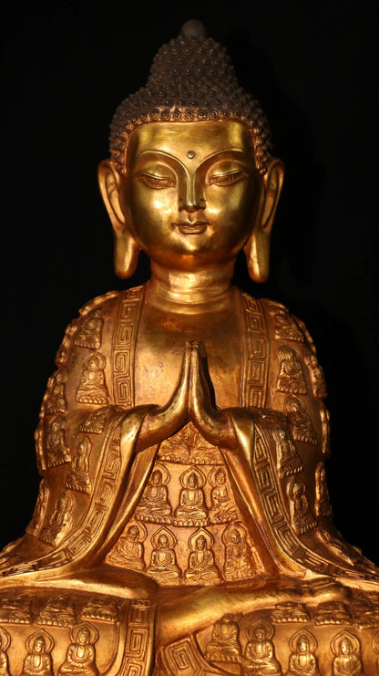 16"Tibet Temple Collection Old Bronze  Gilding Amitabha Shakyamuni Sitting Buddha Worship Hall Town house Exorcism