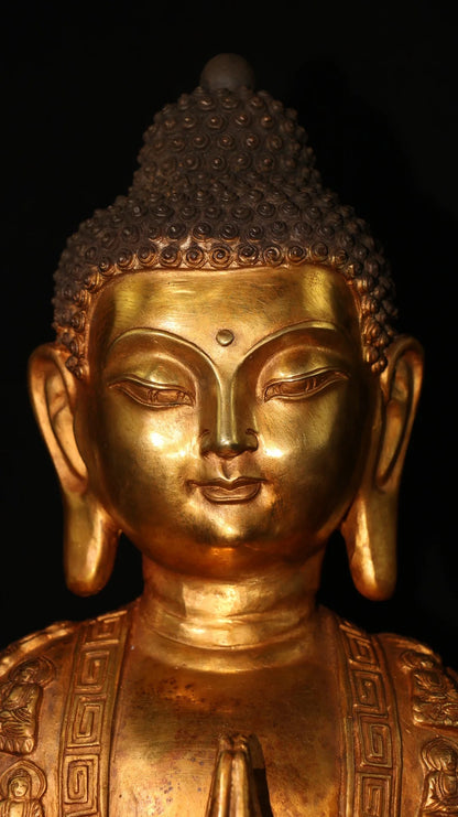 16"Tibet Temple Collection Old Bronze  Gilding Amitabha Shakyamuni Sitting Buddha Worship Hall Town house Exorcism