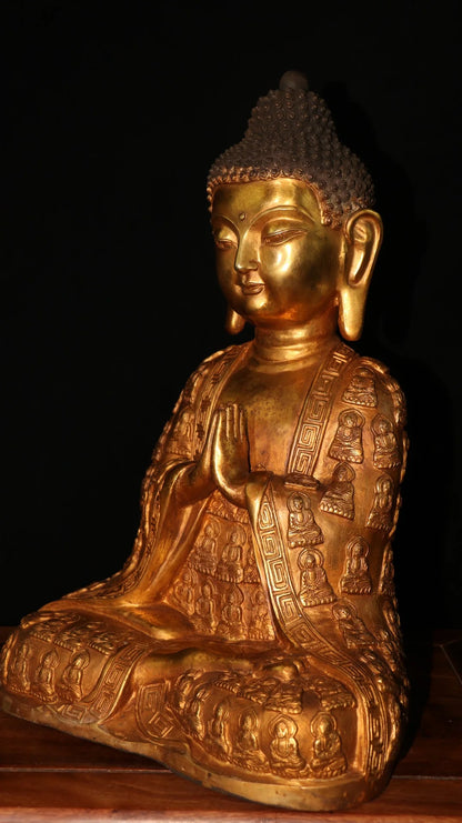 16"Tibet Temple Collection Old Bronze  Gilding Amitabha Shakyamuni Sitting Buddha Worship Hall Town house Exorcism