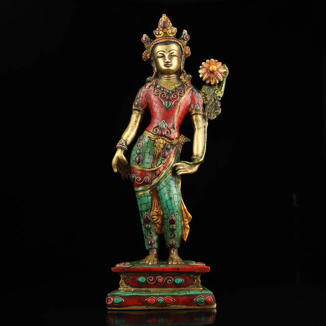16"Tibet Temple Collection Old Bronze Mosaic Gem Outline in gold Turquoise Green Tara Standing Buddha Worship Hall  Town House