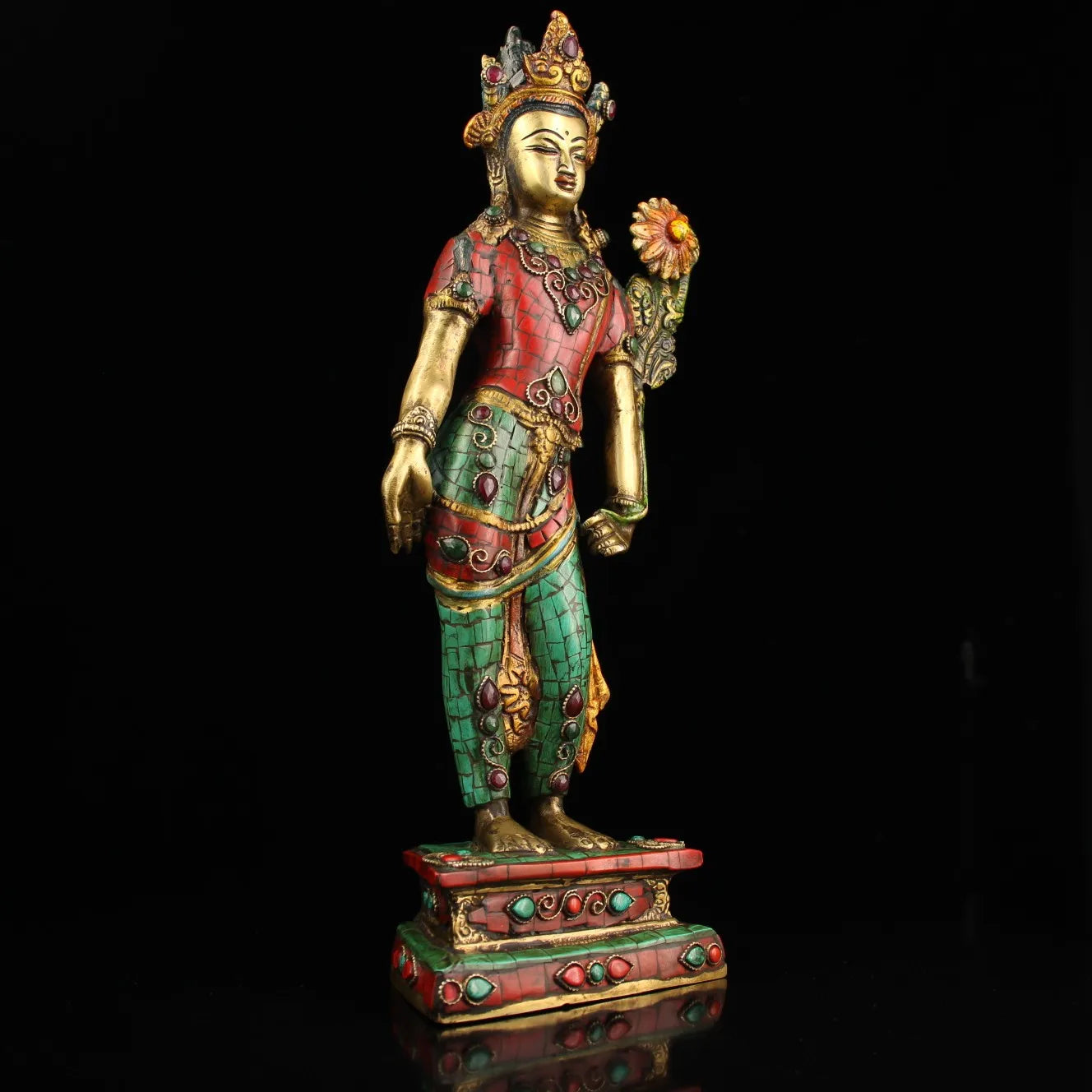 16"Tibet Temple Collection Old Bronze Mosaic Gem Outline in gold Turquoise Green Tara Standing Buddha Worship Hall  Town House