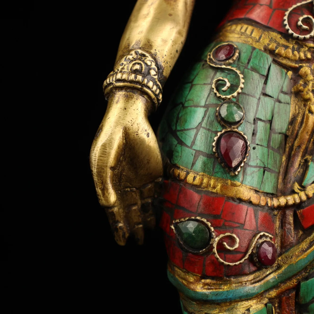 16"Tibet Temple Collection Old Bronze Mosaic Gem Outline in gold Turquoise Green Tara Standing Buddha Worship Hall  Town House