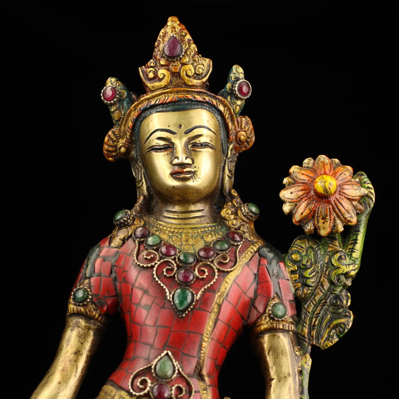 16"Tibet Temple Collection Old Bronze Mosaic Gem Outline in gold Turquoise Green Tara Standing Buddha Worship Hall  Town House