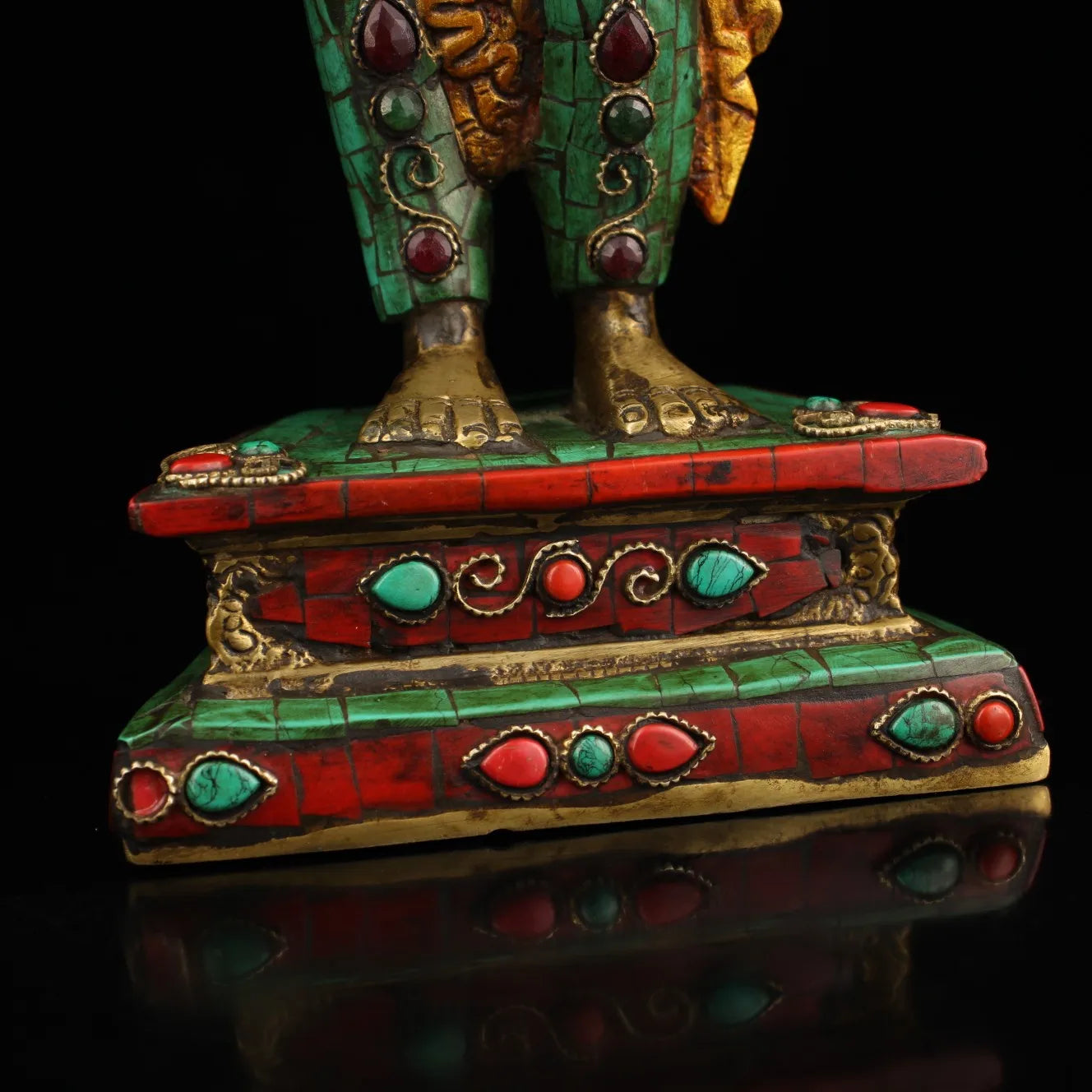 16"Tibet Temple Collection Old Bronze Mosaic Gem Outline in gold Turquoise Green Tara Standing Buddha Worship Hall  Town House
