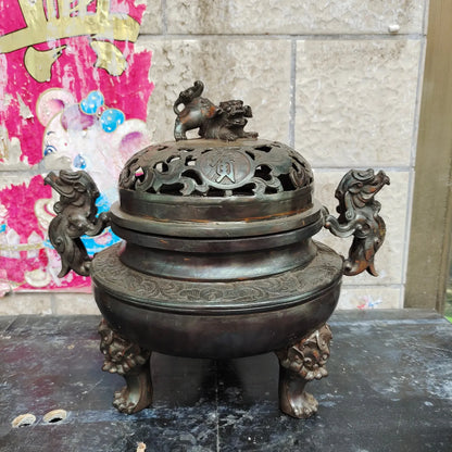 16"Tibetan Temple Collection Old Brass Cinnabar Lion Statue Ear Three legged incense burner hollow out incensory Town house