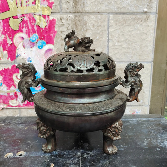 16"Tibetan Temple Collection Old Brass Cinnabar Lion Statue Ear Three legged incense burner hollow out incensory Town house