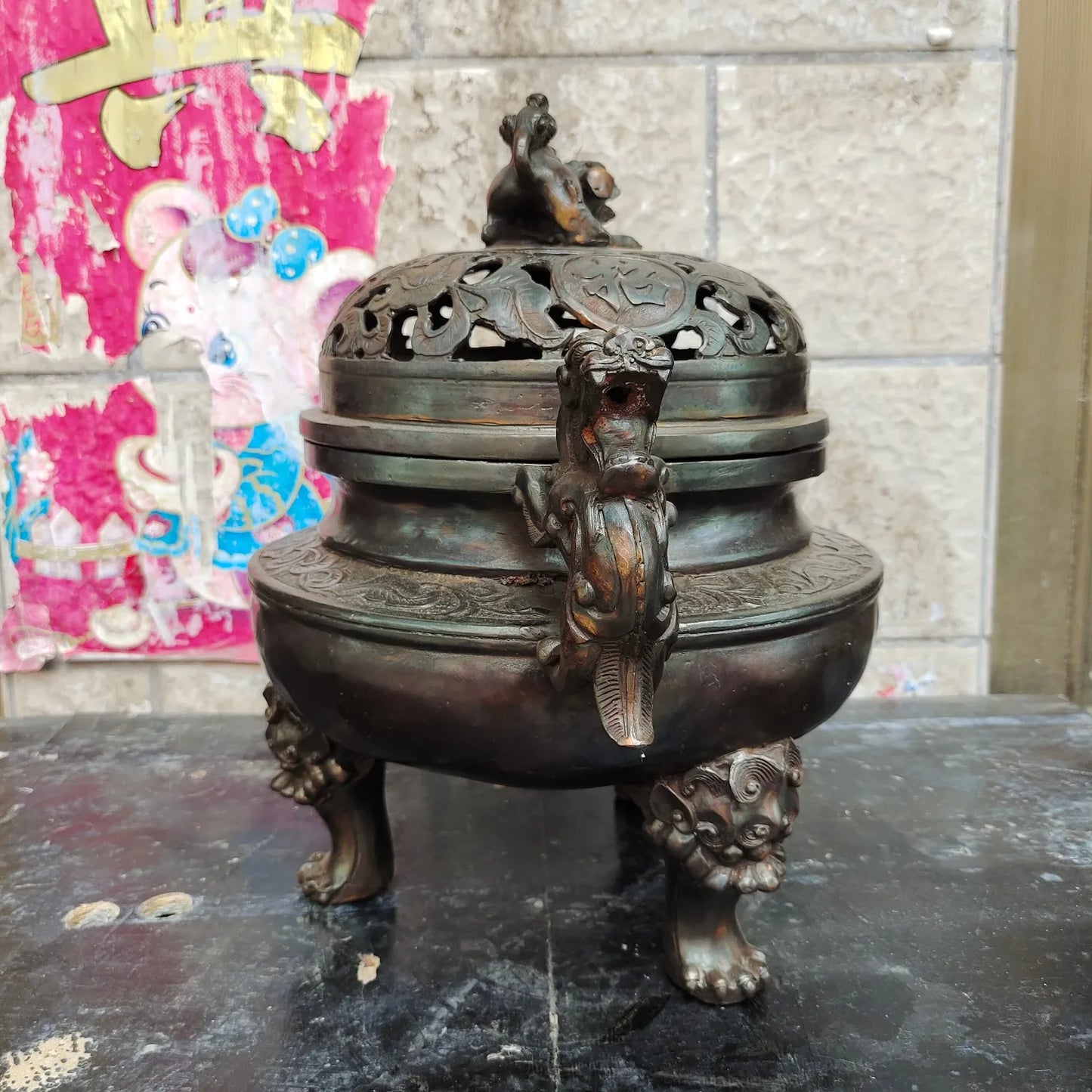 16"Tibetan Temple Collection Old Brass Cinnabar Lion Statue Ear Three legged incense burner hollow out incensory Town house