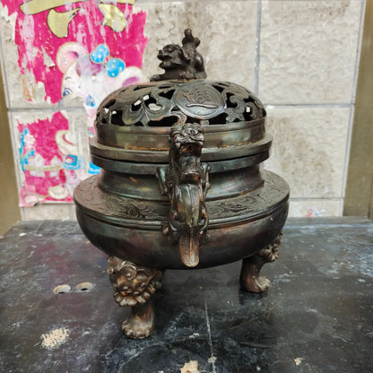 16"Tibetan Temple Collection Old Brass Cinnabar Lion Statue Ear Three legged incense burner hollow out incensory Town house