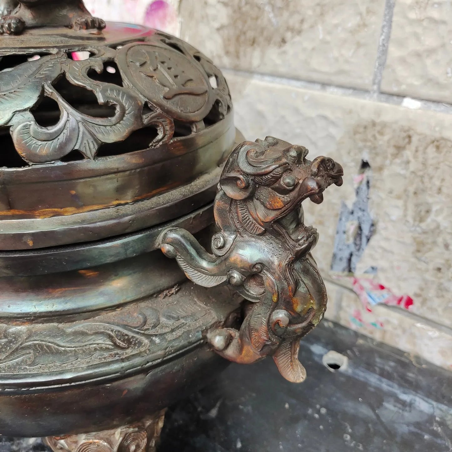 16"Tibetan Temple Collection Old Brass Cinnabar Lion Statue Ear Three legged incense burner hollow out incensory Town house
