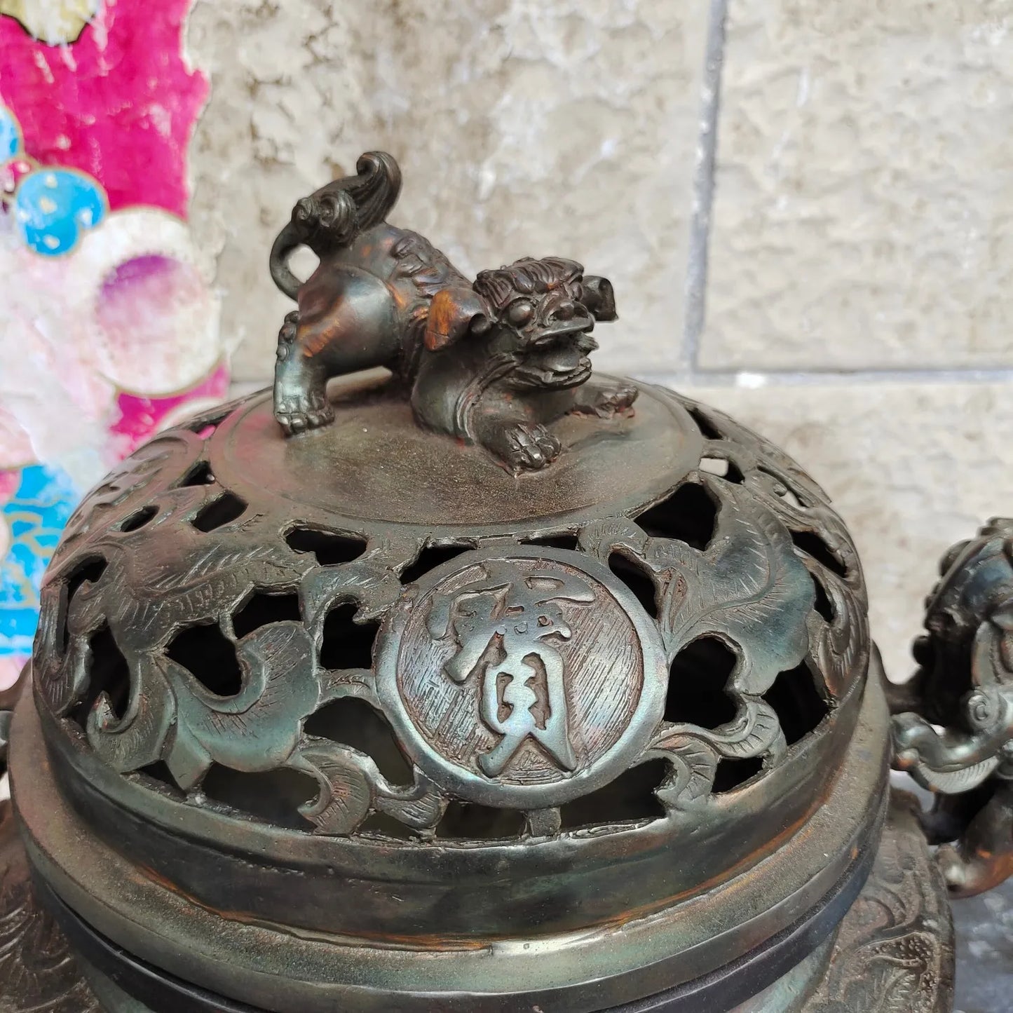 16"Tibetan Temple Collection Old Brass Cinnabar Lion Statue Ear Three legged incense burner hollow out incensory Town house