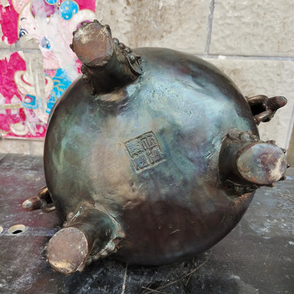 16"Tibetan Temple Collection Old Brass Cinnabar Lion Statue Ear Three legged incense burner hollow out incensory Town house