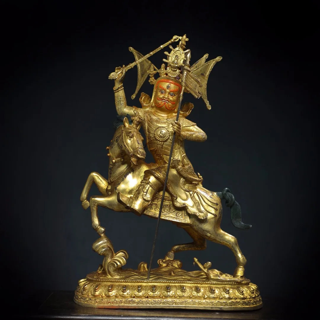16"Tibetan Temple Collection Old Bronze Cinnabar Gilded Face Painting King Gesar Tibetan Heroes Worship Hall Town house