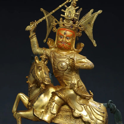 16"Tibetan Temple Collection Old Bronze Cinnabar Gilded Face Painting King Gesar Tibetan Heroes Worship Hall Town house