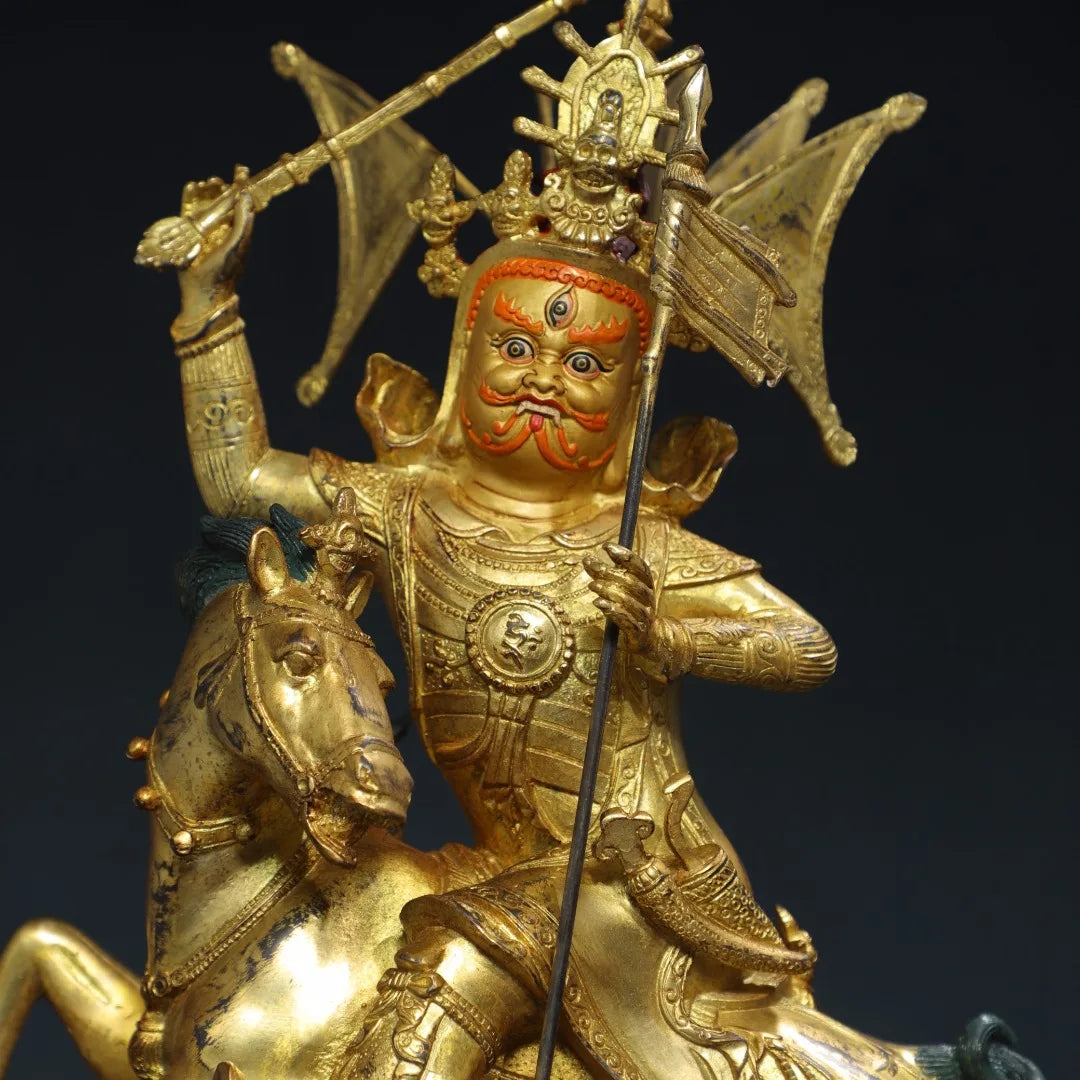 16"Tibetan Temple Collection Old Bronze Cinnabar Gilded Face Painting King Gesar Tibetan Heroes Worship Hall Town house