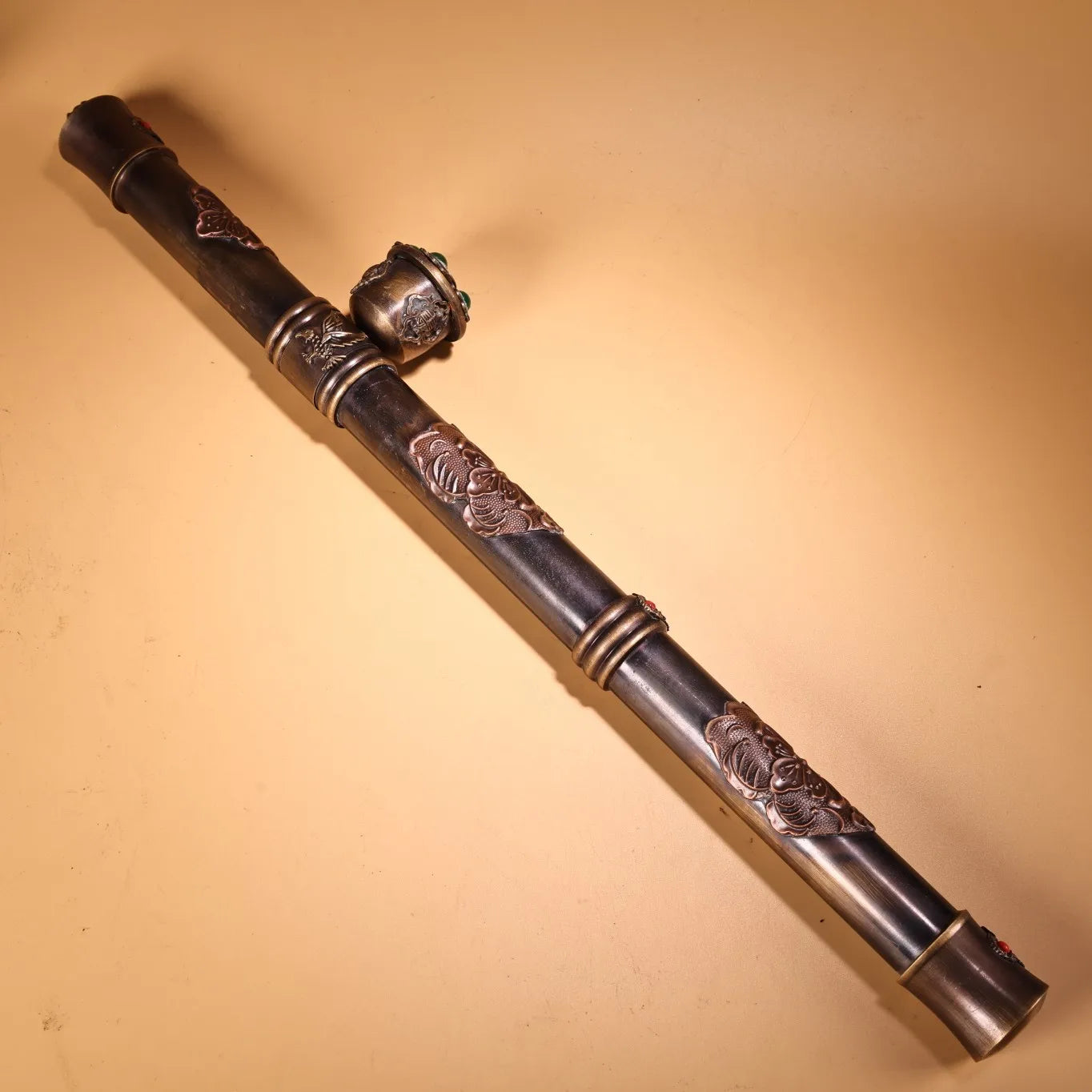 16"Tibetan Temple Collection Old Bronze Cinnabar Mosaic Gem Eye bag duct Big smoke gun long-stemmed Chinese pipe Town House