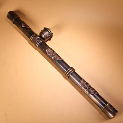 16"Tibetan Temple Collection Old Bronze Cinnabar Mosaic Gem Eye bag duct Big smoke gun long-stemmed Chinese pipe Town House