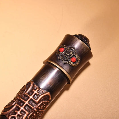 16"Tibetan Temple Collection Old Bronze Cinnabar Mosaic Gem Eye bag duct Big smoke gun long-stemmed Chinese pipe Town House