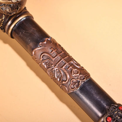 16"Tibetan Temple Collection Old Bronze Cinnabar Mosaic Gem Eye bag duct Big smoke gun long-stemmed Chinese pipe Town House