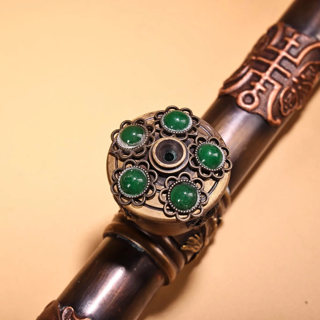 16"Tibetan Temple Collection Old Bronze Cinnabar Mosaic Gem Eye bag duct Big smoke gun long-stemmed Chinese pipe Town House
