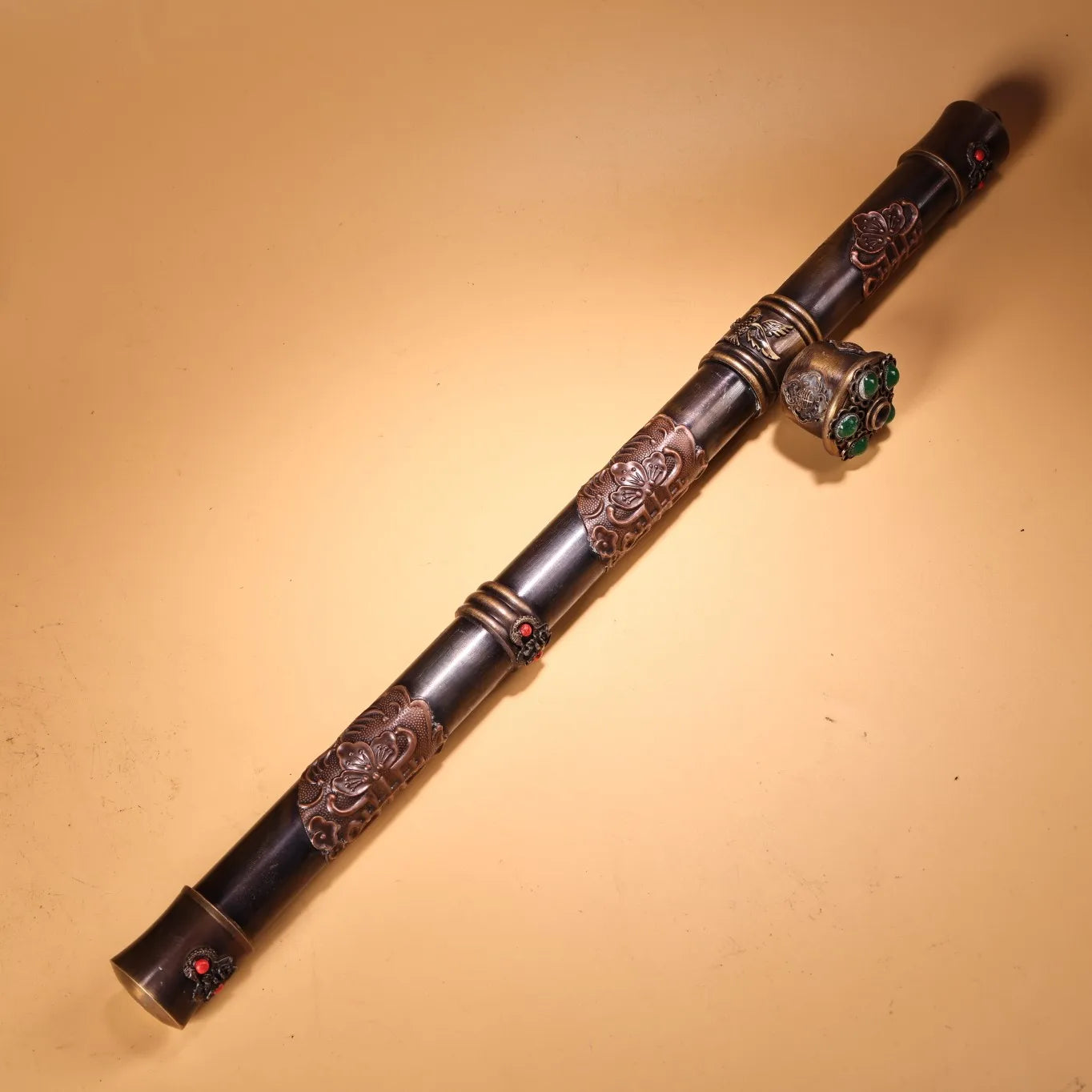 16"Tibetan Temple Collection Old Bronze Cinnabar Mosaic Gem Eye bag duct Big smoke gun long-stemmed Chinese pipe Town House