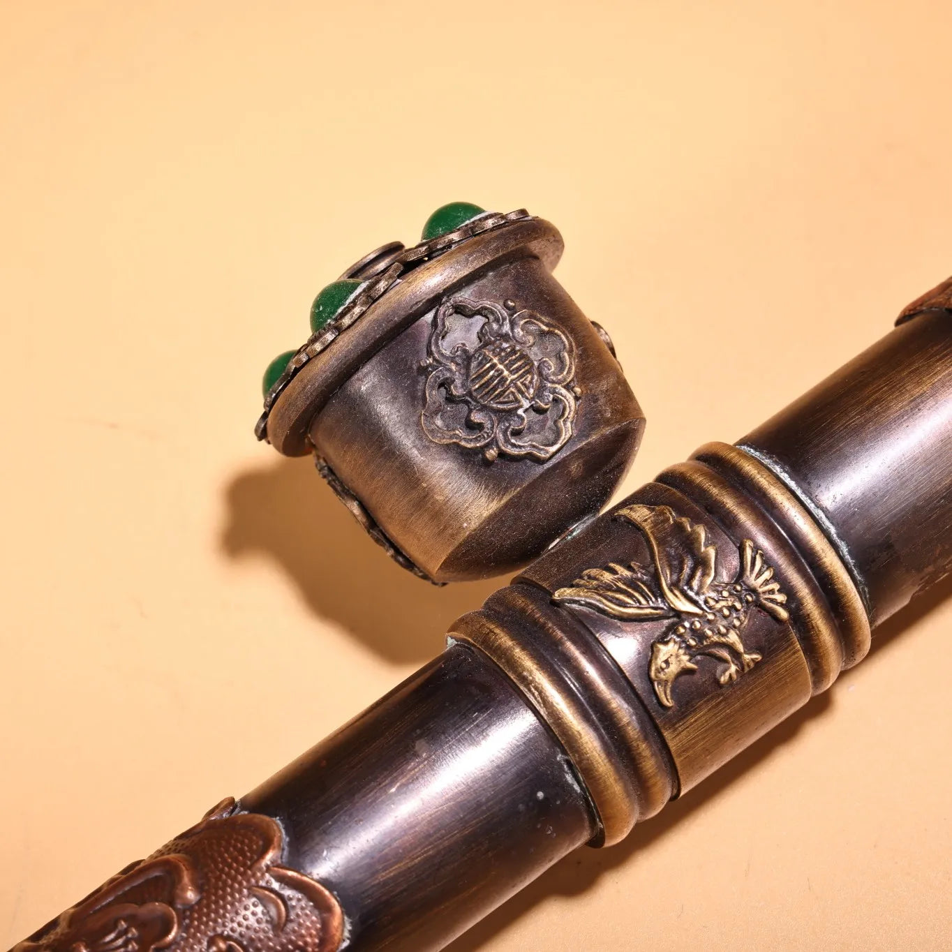 16"Tibetan Temple Collection Old Bronze Cinnabar Mosaic Gem Eye bag duct Big smoke gun long-stemmed Chinese pipe Town House