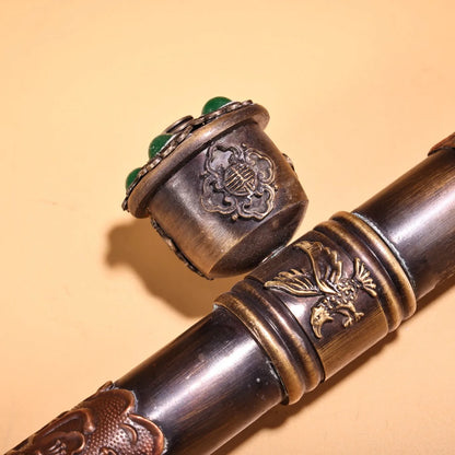 16"Tibetan Temple Collection Old Bronze Cinnabar Mosaic Gem Eye bag duct Big smoke gun long-stemmed Chinese pipe Town House