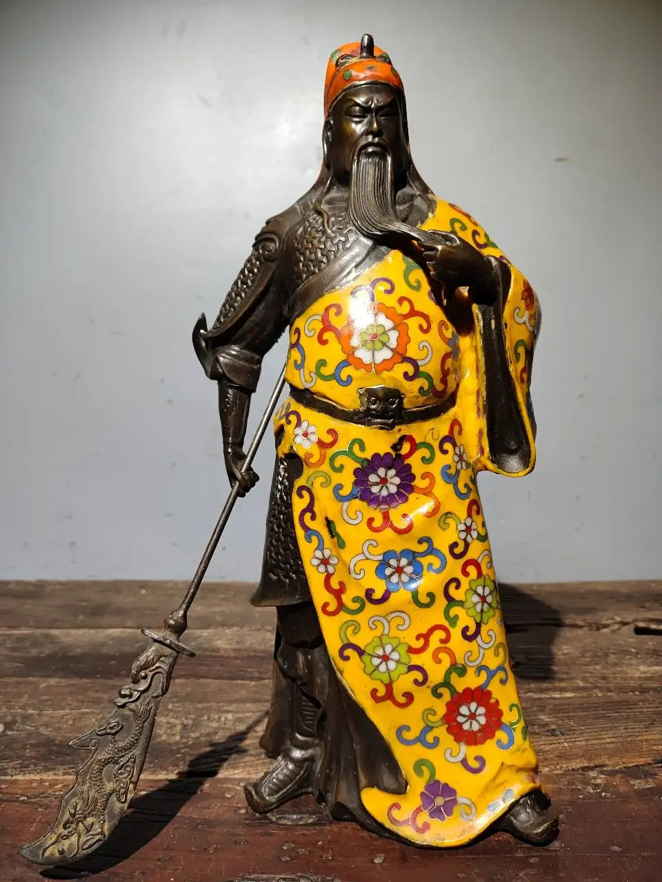 16"Tibetan Temple Collection Old Bronze Cloisonne Enamel Guan Yu God of Wealth Knife Loyalty Worship Hall Town house Exorcism