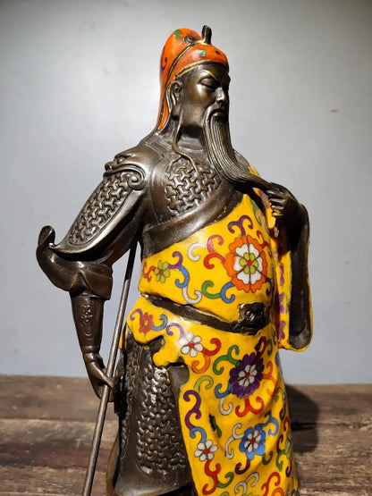16"Tibetan Temple Collection Old Bronze Cloisonne Enamel Guan Yu God of Wealth Knife Loyalty Worship Hall Town house Exorcism