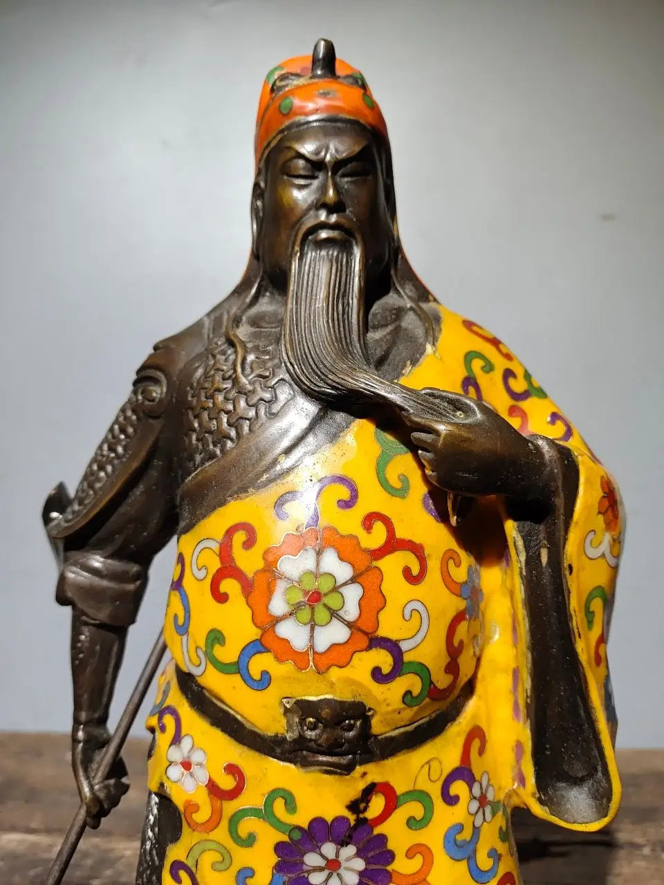 16"Tibetan Temple Collection Old Bronze Cloisonne Enamel Guan Yu God of Wealth Knife Loyalty Worship Hall Town house Exorcism