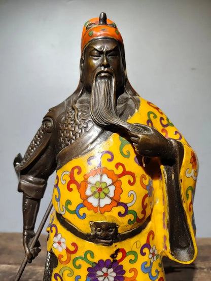 16"Tibetan Temple Collection Old Bronze Cloisonne Enamel Guan Yu God of Wealth Knife Loyalty Worship Hall Town house Exorcism