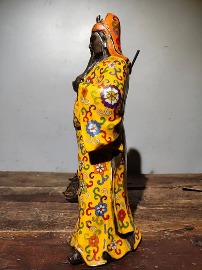 16"Tibetan Temple Collection Old Bronze Cloisonne Enamel Guan Yu God of Wealth Knife Loyalty Worship Hall Town house Exorcism