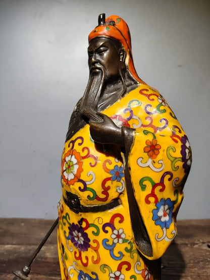 16"Tibetan Temple Collection Old Bronze Cloisonne Enamel Guan Yu God of Wealth Knife Loyalty Worship Hall Town house Exorcism
